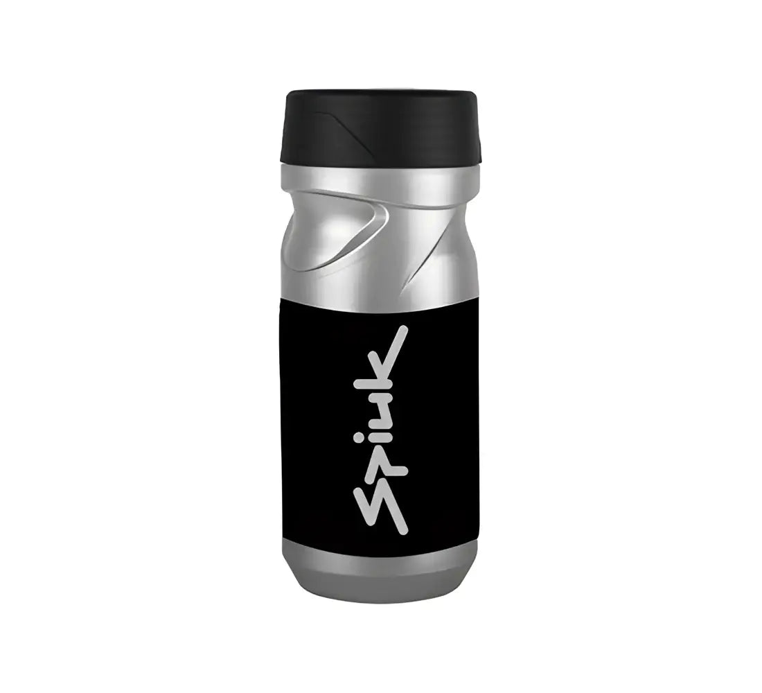 Bidon ciclismo spiuk portaherramientas en acero inoxidable plateado y negro con diseño moderno y logo vital blanco