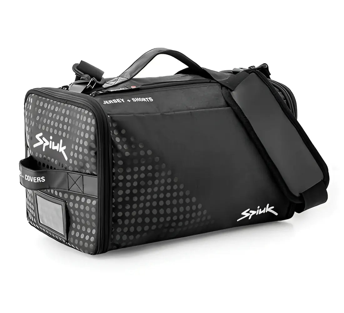 Bolsa ciclismo spiuk race rain negra con patrón de puntos y logo blanco ideal para ciclismo spiuk profit