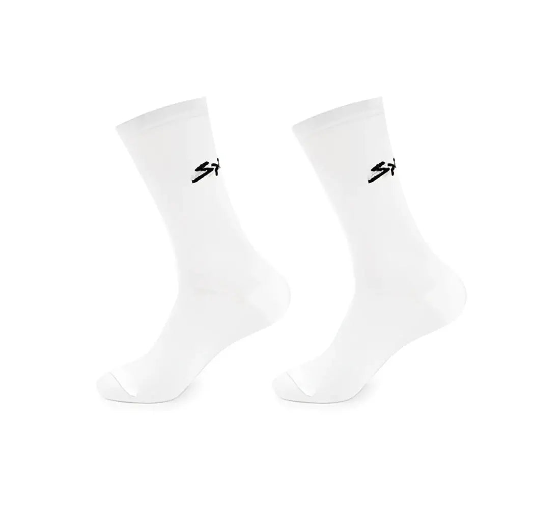 Calcetin ciclismo spiuk anatomic largo unisex blanco con logo negro lateral pack 2 uds para ciclismo profesional