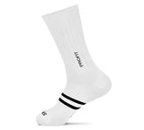 Calcetin ciclismo spiuk profit largo unisex blanco con rayas negras y logo profit en el costado