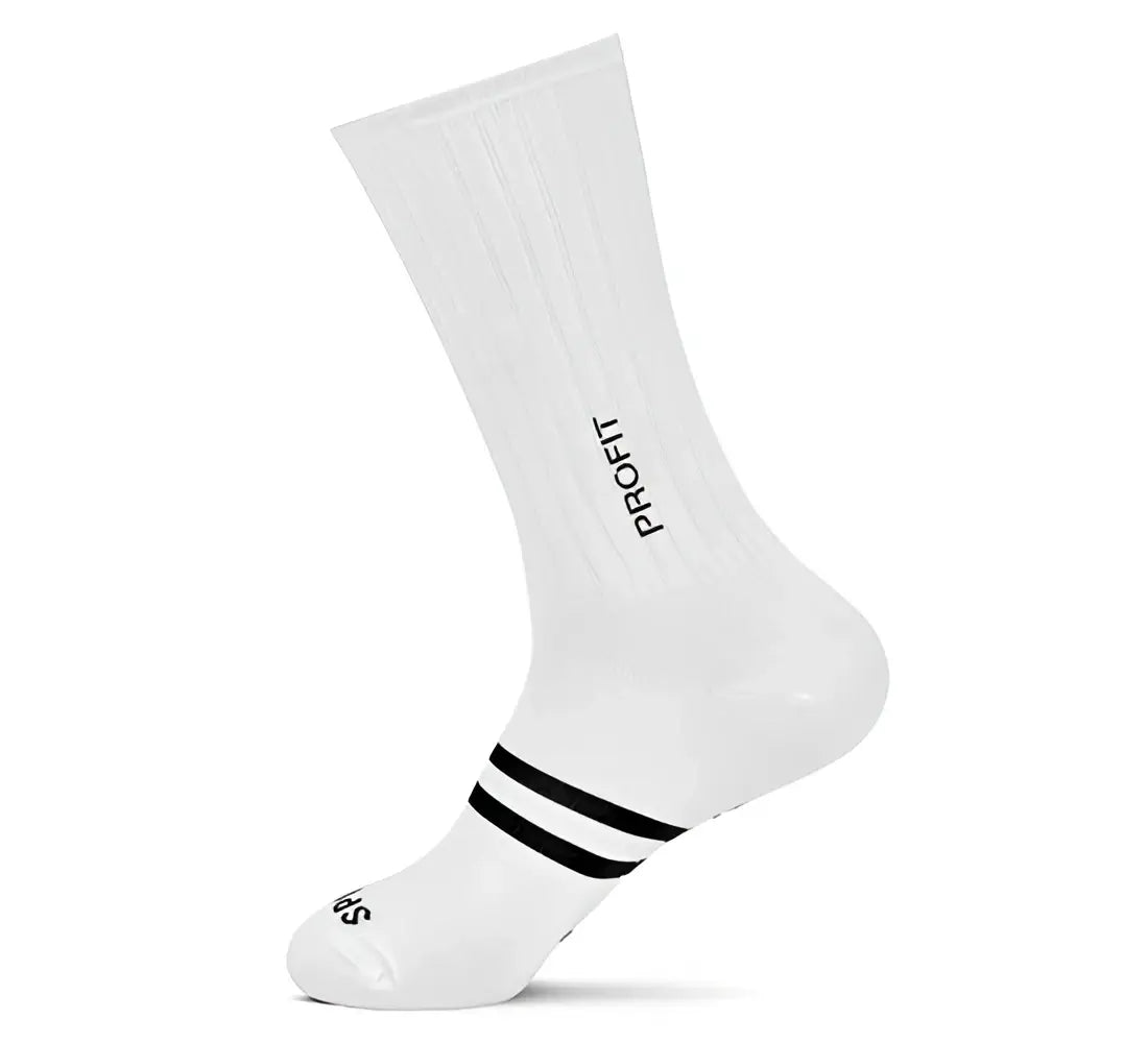 Calcetin ciclismo spiuk profit largo unisex blanco con rayas negras y logo profit en el costado