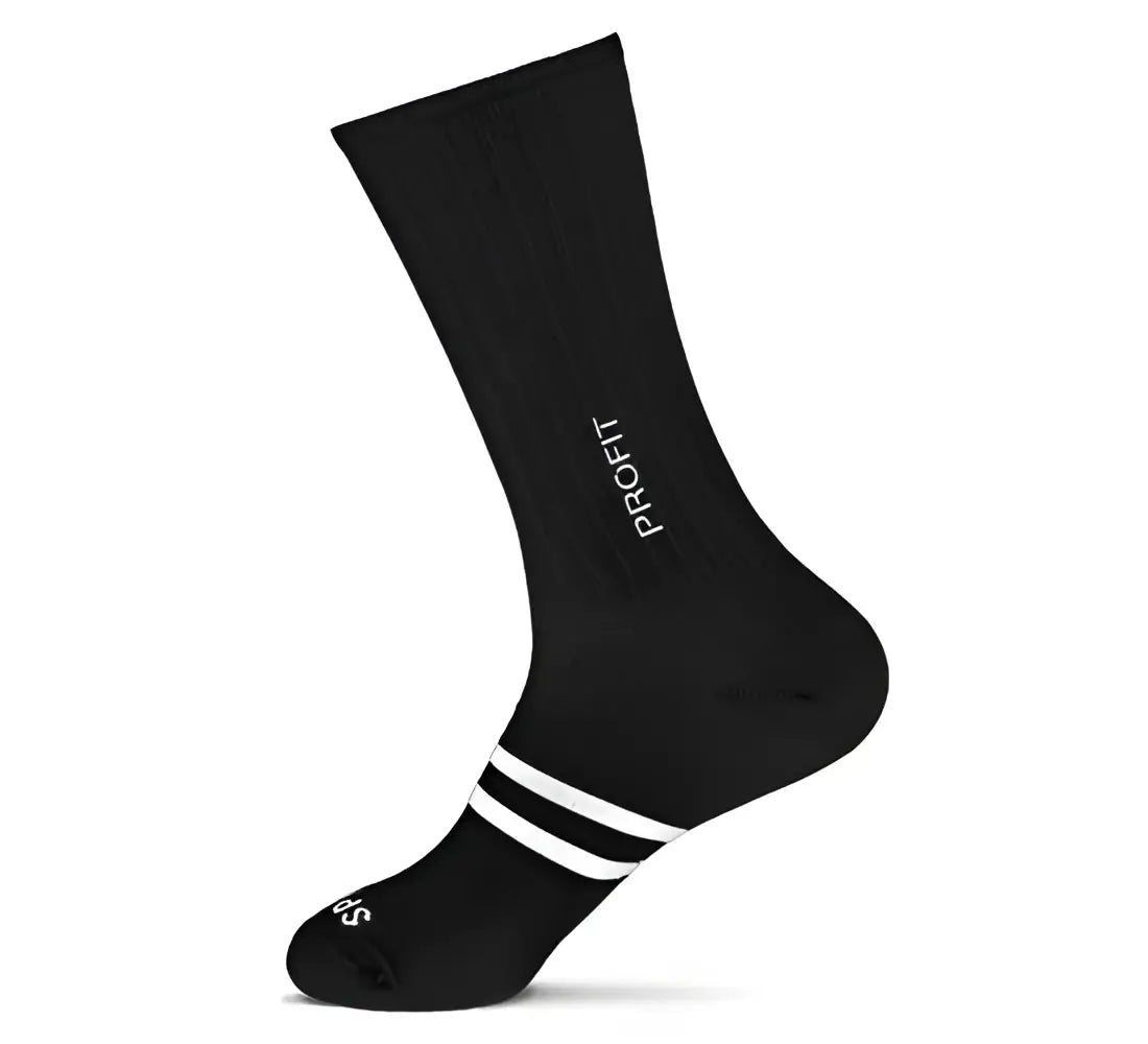 Calcetin ciclismo spiuk profit largo unisex negro con logo blanco y dos franjas horizontales near el dedo