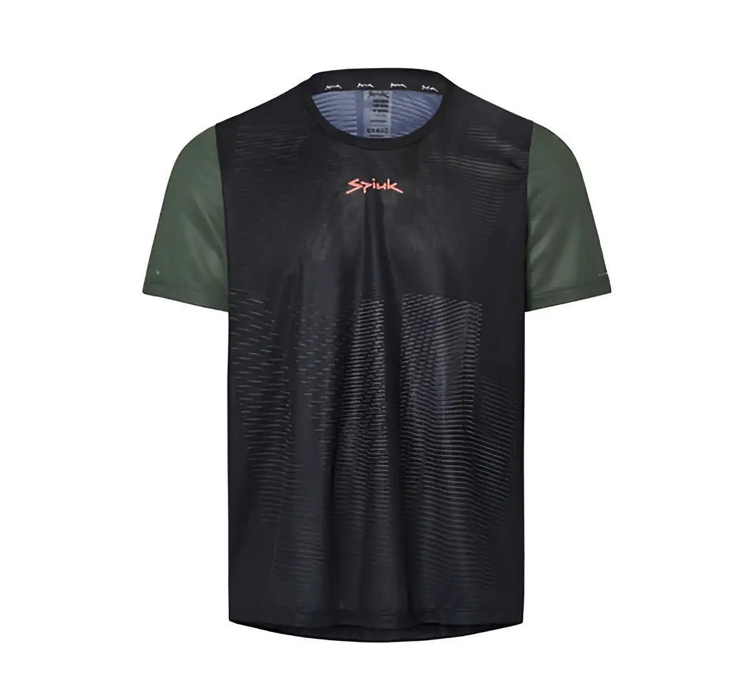 Camiseta ciclismo spiuk unisex negra y verde oliva con malla texturizada y logo naranja para ciclismo spiuk profit