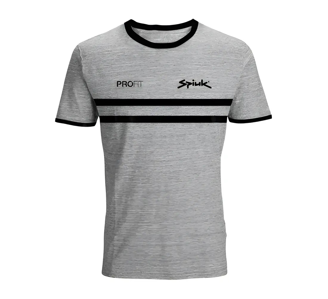 Camiseta ciclismo spiuk m/c squad hombre en gris jaspeado con cuello y puños negros y logos profit y spiuk en el pecho